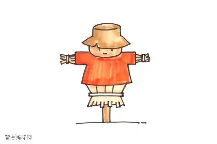 画出支撑稻草人站立的棍子,就可以进行涂色了5.