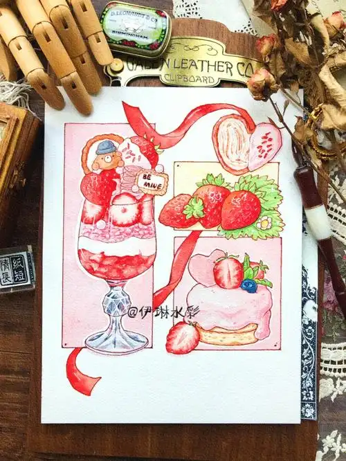 分镜水彩情人节草莓甜品系列附线稿