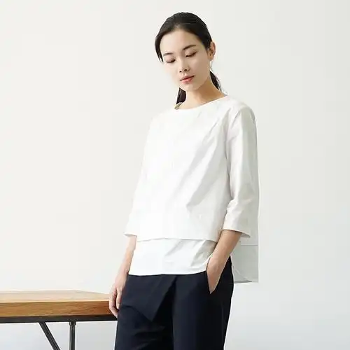 自觉原创2015夏装纯棉白衬衫七分袖套头衬衫直筒圆领简约上衣