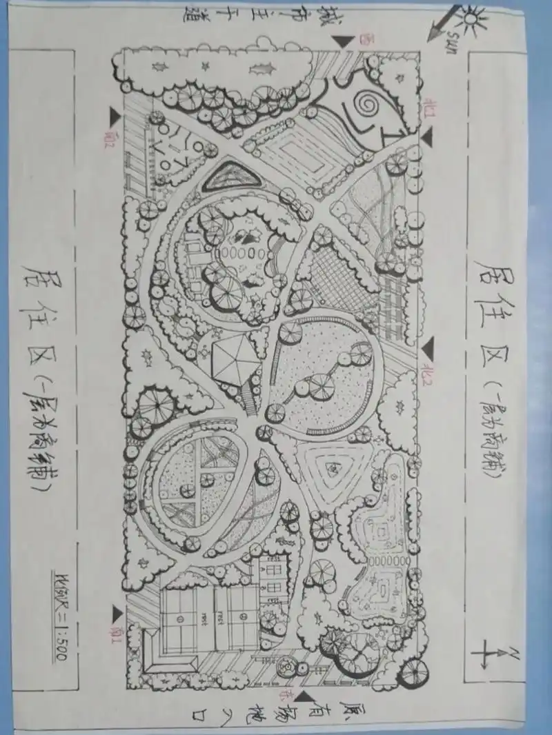 主路,2.次路,3.小路,4.汀步) c然后功能分区,其实上面一步已经算是在