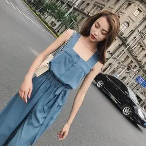 吊带连体裤女2018夏季新款韩国高腰显瘦背带一字肩漏肩阔腿连衣裤