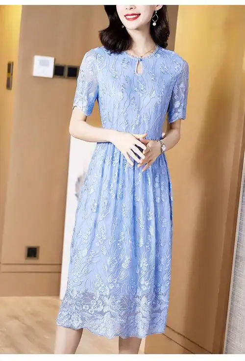 buty2021轻奢真丝连衣裙女2021春夏季新款短袖轻熟蕾丝收腰显瘦气质桑