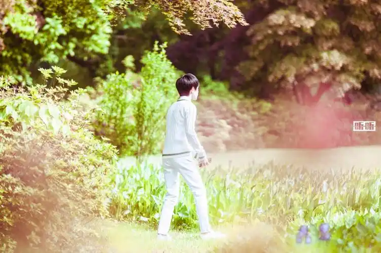 千玺一身白衣穿梭于绿野美景中的照片,蹁跹的白衣少年与美丽的风景