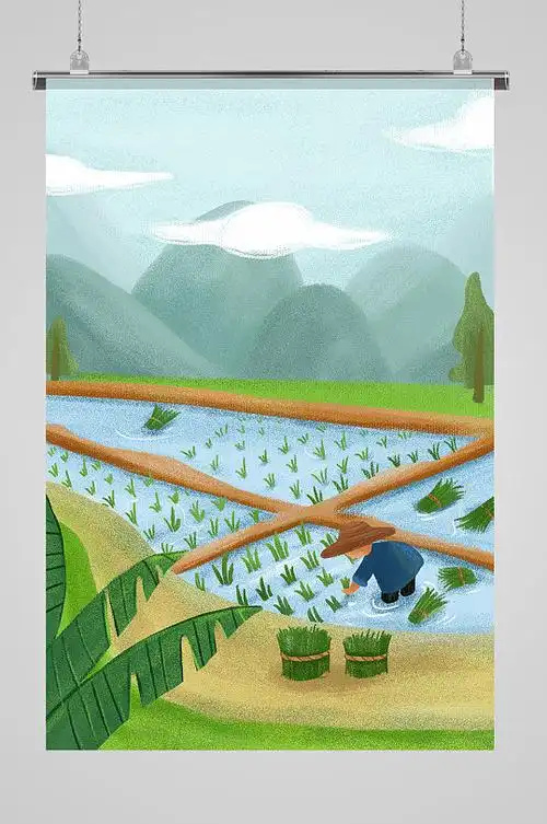 五一劳动节插秧插画