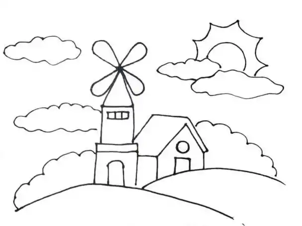 山顶风车风景简笔画彩色画法步骤教程