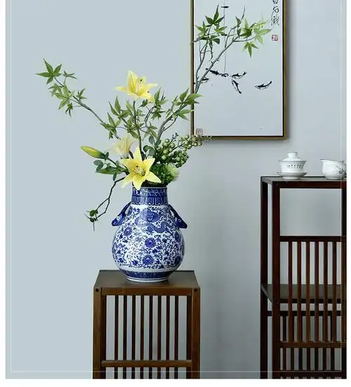 野派 新中式自然风青花瓷花瓶插花摆件客厅软装饰品假花仿真花套装