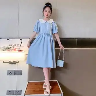 连衣裙夏装新款洋气中大童短袖娃娃领雪纺裙515岁女孩公主裙蓝色170cm