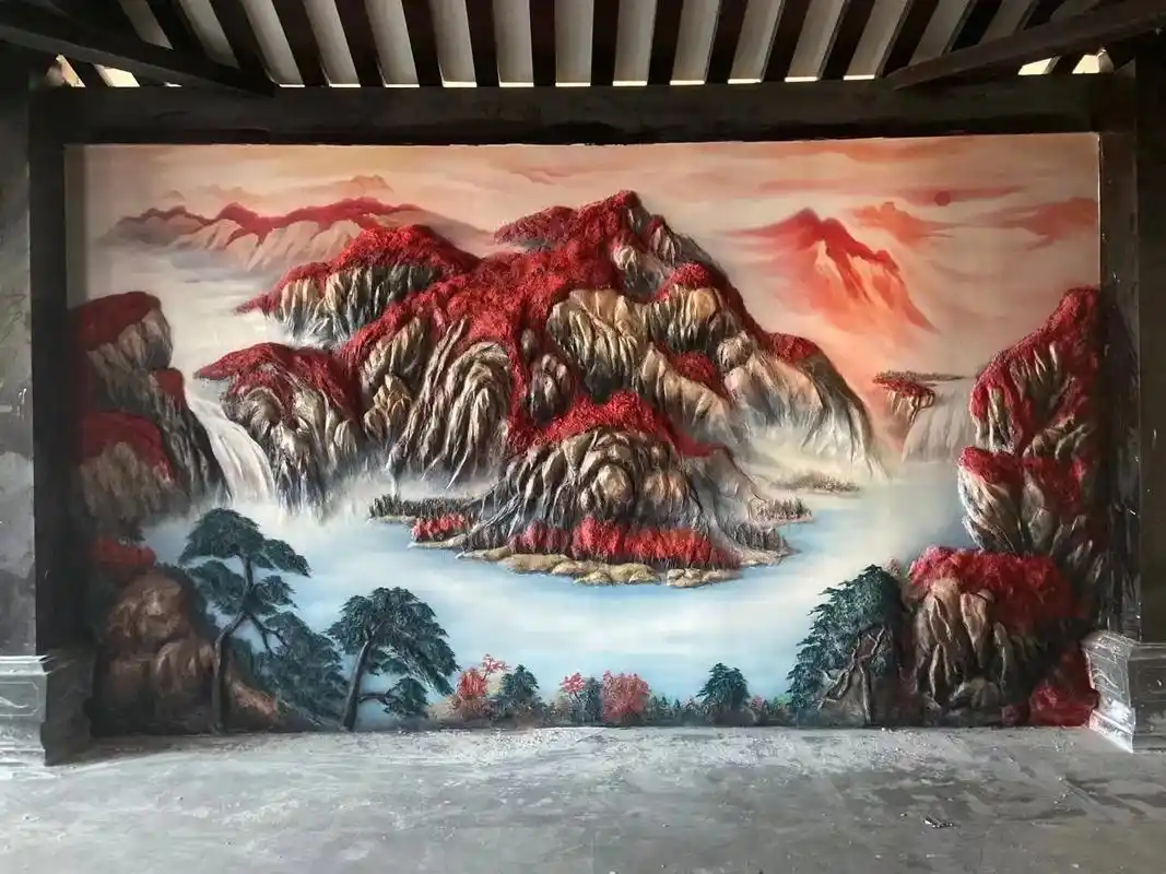 浮雕山水壁画"鸿运当头"#浮雕壁画 #壁画 #浮雕画 #墙绘 - 抖音