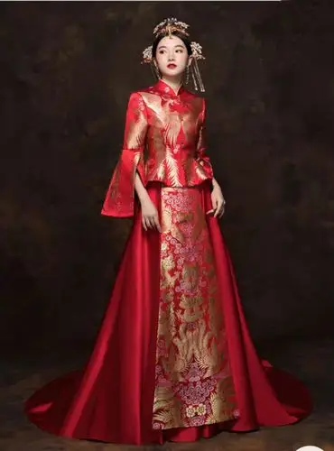 秀禾服新娘拖尾敬酒服女中式结婚礼服凤冠霞帔嫁衣新娘服