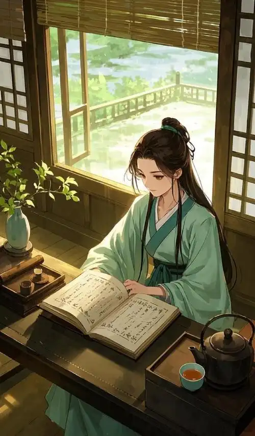 ai绘画超话#古风##武侠#古风插画超话ai绘画艺术超话少女书案,看书