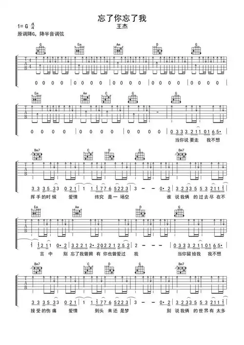 王杰忘了你忘了我吉他谱g调吉他弹唱谱
