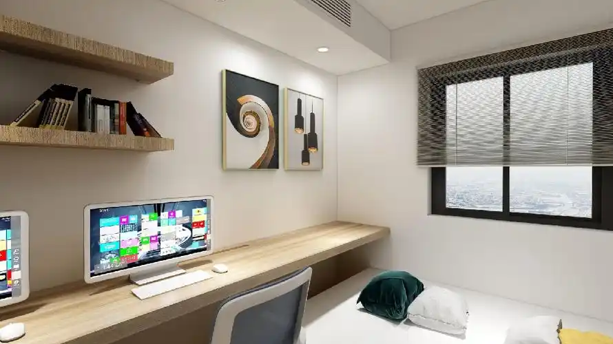 次卧的空间有限,借助了床尾制作了长条书桌,增添了儿童房的使用空间