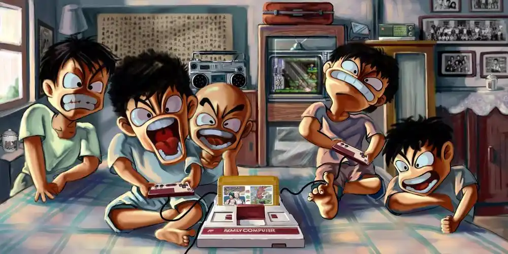 请问有人知道有一群小孩再玩卡带游戏机的图片吗表情很夸张图片应该是