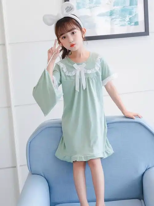 女童睡衣裙子夏天睡裙小女孩公主风花边薄款可爱短袖纯棉大童家居