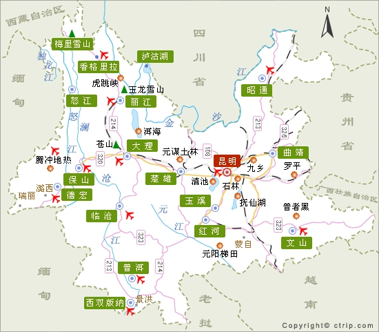 云南地图 昆明:石林  九乡  世博园  滇池  云南民族村  大观