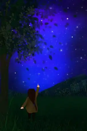 手绘插画女孩夜空下看星星