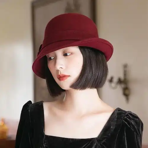 法式卷边礼帽女秋冬季新款羊毛毡帽复古百搭盆帽酒红毛呢帽子女冬
