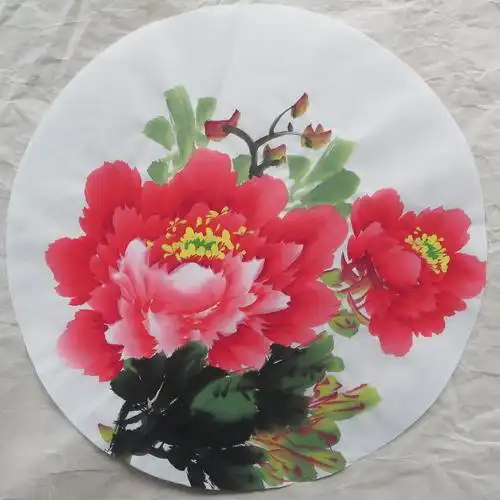 特价手绘圆形花鸟国画牡丹无款宣纸客厅装饰国画