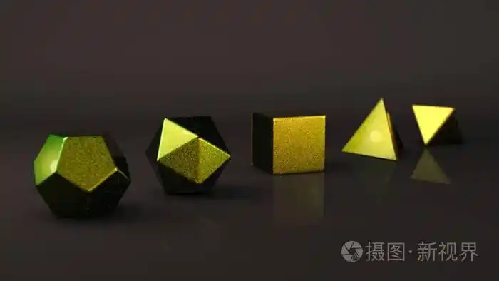 贵金属多边形形状, 工作室中的多面体具有反光背景.抽象的例证.