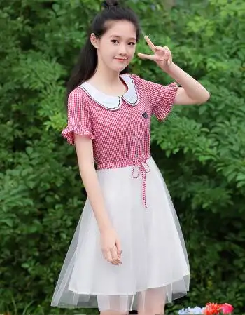 2018新品女中学生韩版夏装初中生学院风少女夏装连衣裙韩版蓬蓬裙女