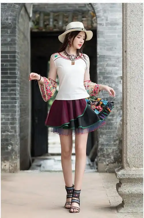 4006a#实拍夏季新款复古民族风女装绣花网纱半身裙蓬蓬小短裙