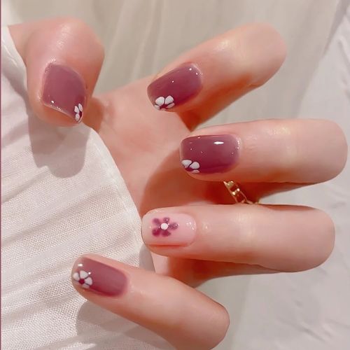 2021新款春夏冰透紫色美甲手绘假指甲成品贴片手工定制短款甲贴