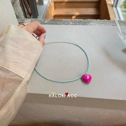 halokracc韩国东大门一颗玫粉hotpink爱心 淡蓝搭配串珠项链