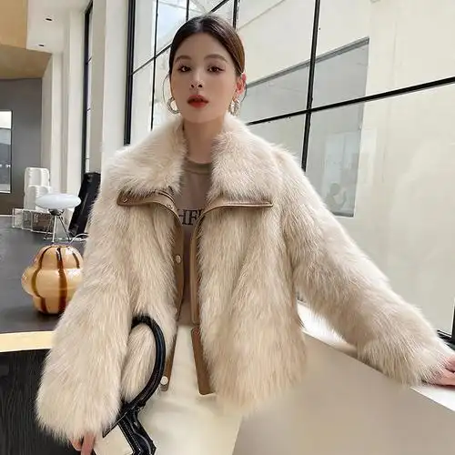 立翻领芬兰进口狐狸毛拼皮皮草外套女年轻皮毛一体大衣2023冬新款