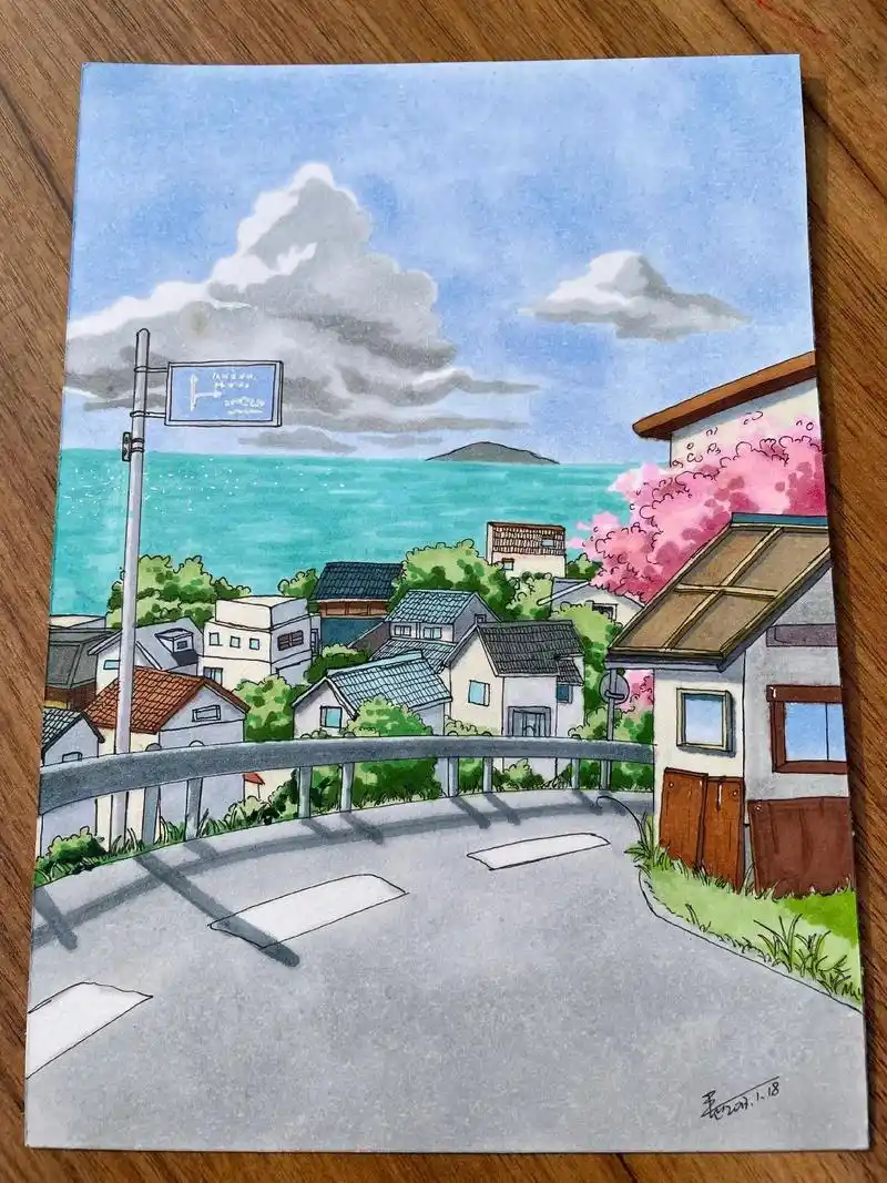 马克笔手绘,风景画#马克笔手绘 #临摹 #画画  - 抖音