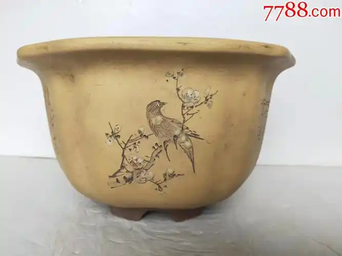 文革名家刻紫砂花鸟盆