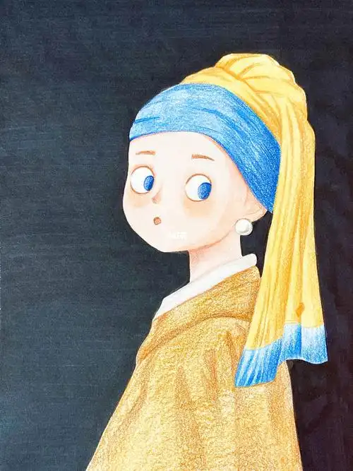 带珍珠耳环的少女卡通彩铅画临摹作品