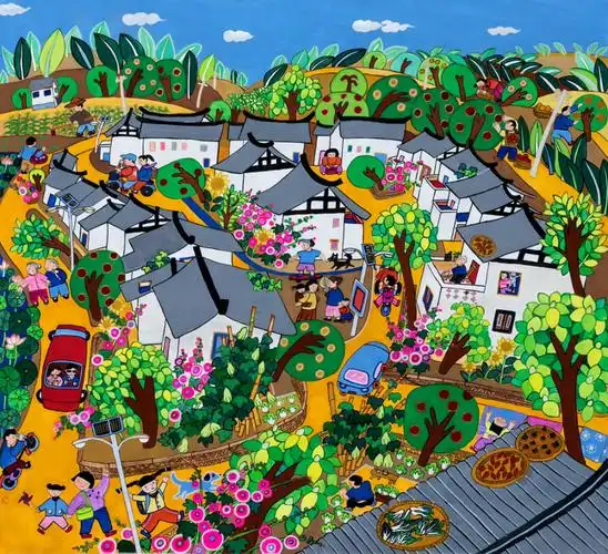 作品《幸福家园》展现的是作者家乡简阳荷桥村新农村的幸福家园新风貌