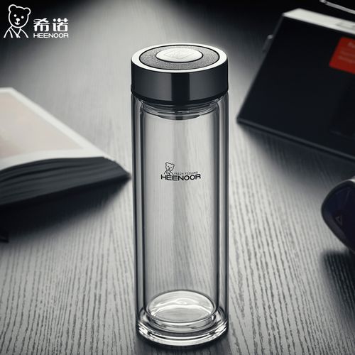 希诺双层玻璃杯带盖滤网办公泡茶杯子便携玻璃水杯