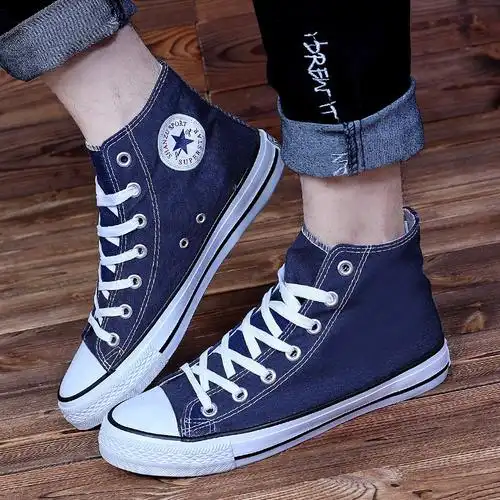 苏芈男士百搭黑白灰高帮帆布鞋男学生韩版潮流休闲蓝黄绿色平底鞋子男