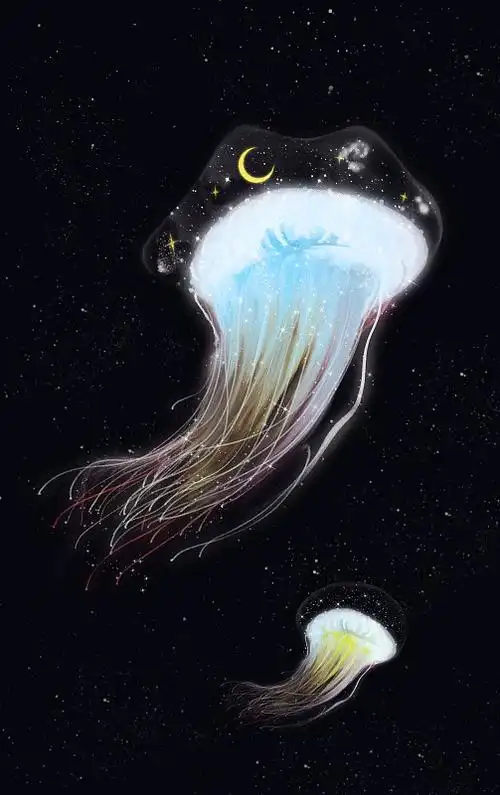 宇宙中的星空里的梦幻水母插画下载