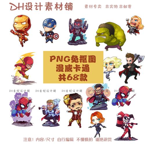 q版漫威卡通人物动漫画蜘蛛侠钢铁侠雷神绿巨人插画png免抠图素材