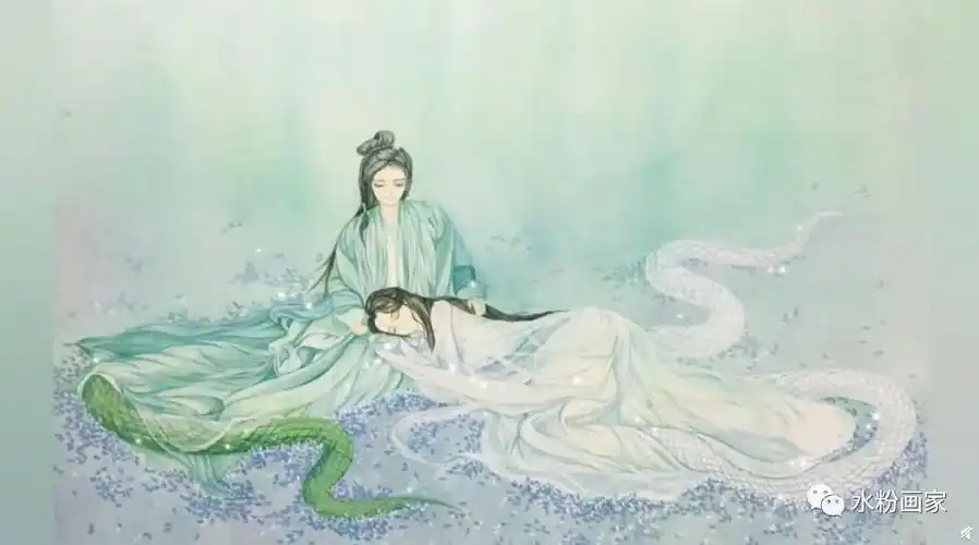 【水彩】青城山下白素贞,快来一起学画白蛇与青色