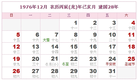 1976年日历表,1976年农历表(阴历阳历对照表)