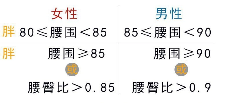 腰围 男≥90cm  女≥85cm 体脂率 男>25%肥胖  女>33%肥胖 腰臀比