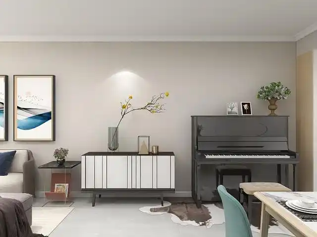 客厅客厅放了一个端景台的柜子,使钢琴和沙发有了联系,不至于太空旷