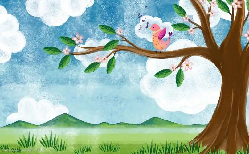 关键词:带鸟的水彩风景画 风景画 植物 白云 绿色 春天 鸟 水彩 树木