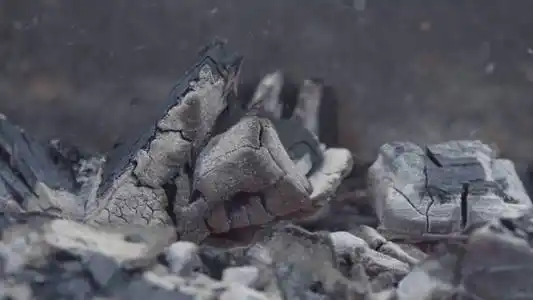 行动.大块的木头在灰烬和灰烬中燃烧着红黄色的火焰.照片