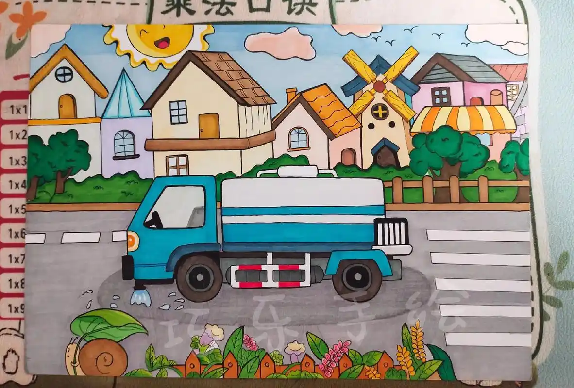 给娃出的一个洒水车课外主题画,想让他照葫芦画瓢 - 抖音