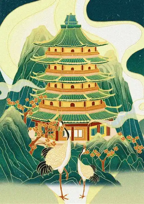 原创中国风国潮西湖雷峰塔旅游插画