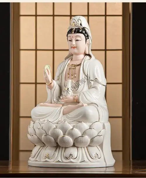 菩萨佛像家用客厅供奉摆件笑脸观音神像 14寸淡青衣款古莲观音【图片