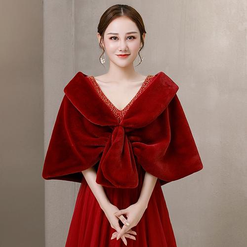 新娘结婚秋冬保暖毛披肩婚纱秀禾服礼服外搭披风斗篷旗袍披风配饰