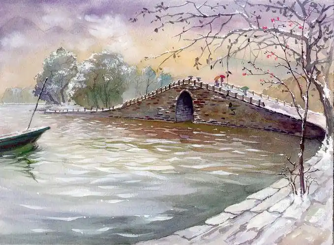 杭州旅游水彩画明信片