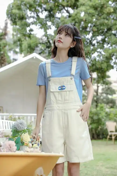 背带短裤女学生韩版宽松白色牛仔背带裤女2022夏新款刺绣五分裤甜美