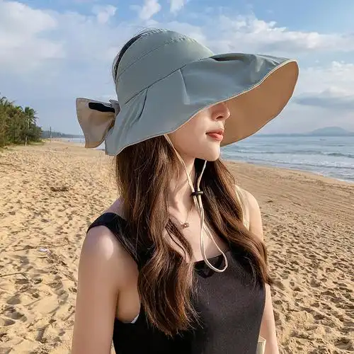2022新款防晒帽女夏防紫外线沙滩遮阳帽骑车空顶遮脸太阳帽蝴蝶结