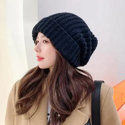 大版纯色护耳针织帽女秋冬季加厚显脸小毛线帽子宽松情侣冷帽男潮